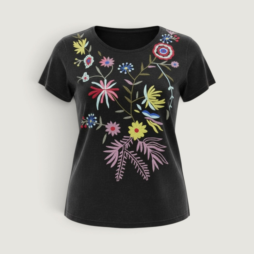 Parsley & Sage Blouse S Black Embroidered Floral Cotton Short Sleeve Top Boho